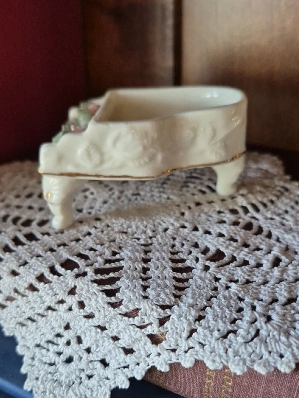 Porcelain Cream Miniature Piano Trinket Dish with Pink Rose Accents